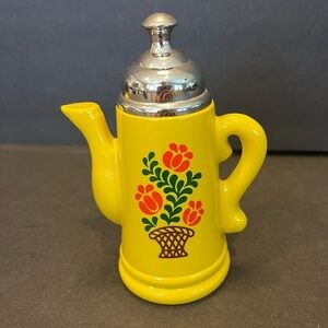 Vintage Mini Coffee Pot 5 1/2” Tall Avon Yellow Silver Top Orange Floral